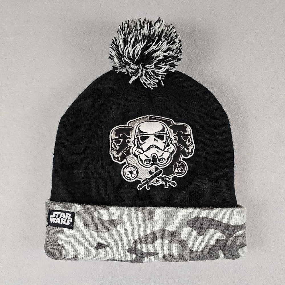 Star Wars Stormtroopers Beanie Hat Mens One Size Black Gray Camo Pom Skull Cap